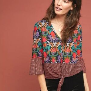 New Anthropologie Mauve Tie Front Floral Blouse Size 14